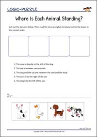 Where Is Each Animal Standing? - Logic Puzzle for Kids (Easy) Where Is Each Animal Standing? - Free Printable Logic Puzzle Worksheet for children for training logical thinking