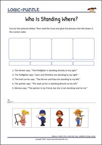 Who Is Standing Where? - Logic Puzzle for Kids (Easy) Who Is Standing Where? - Free Printable Logic Puzzle Worksheet for children for training logical thinking