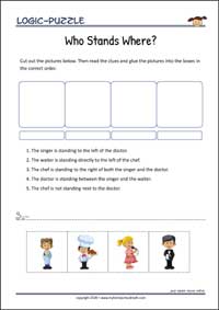 Who Stands Where? - Logic Puzzle for Kids (Easy) Who Stands Where? - Free Printable Logic Puzzle Worksheet for children for training logical thinking