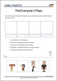 Find Everyone’s Place - Logic Puzzle for Kids (Easy) Find Everyone’s Place - Free Printable Logic Puzzle Worksheet for children for training logical thinking