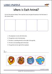 Where Is Each Animal? - Logic Puzzle for Kids (Easy) Where Is Each Animal? - Free Printable Logic Puzzle Worksheet for children for training logical thinking