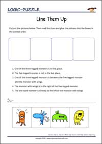 Line up the monsters - Logic Puzzle for Kids (Easy) Line up the monsters - Free Printable Logic Puzzle Worksheet for children for training logical thinking