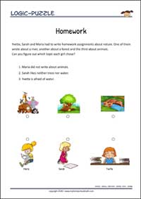 Homework - Logic Puzzle for Kids (Easy) Homework - Free Printable Logic Puzzle Worksheet for children for training logical thinking