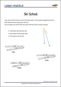 Ski School - Logic Puzzle for Kids (Easy) Ski School - Free Printable Logic Puzzle Worksheet for children for training logical thinking