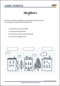 Neighbors - Logic Puzzle for Kids (Easy) Neighbors - Free Printable Logic Puzzle Worksheet for children for training logical thinking