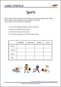Sports - Logic Puzzle for Kids (Easy) Sports - Free Printable Logic Puzzle Worksheet for children for training logical thinking