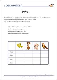 Pets - Logic Puzzle for Kids (Easy) Pets - Free Printable Logic Puzzle Worksheet for children for training logical thinking