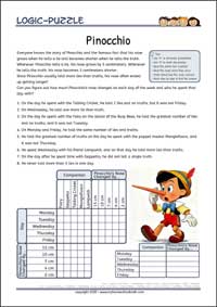 Pinocchio - Free Printable Hard Logic Grid Puzzles Worksheet for children