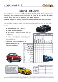 Colorful Last Names - Free Printable Hard Logic Grid Puzzles Worksheet for children