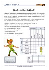 Which Lost Boy Is Which? - Free Printable Hard Logic Grid Puzzles Worksheet for children