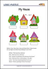 My House - Logic Puzzles for Kids (Medium Worksheet PDF) My House - Free Printable Logic Puzzles Worksheet for children for training logical thinking