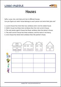 Houses - Logic Puzzles for Kids (Medium Worksheet PDF) Houses - Free Printable Logic Puzzles Worksheet (medium) for children for training logical thinking