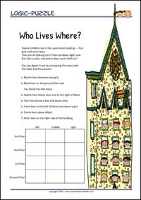 Who lives where? - Logic Puzzles for Kids (Medium Worksheet PDF) Who lives where? - Free Printable Logic Puzzles Worksheet for children for training logical thinking