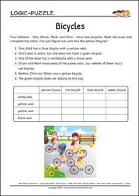 Bicycles - Logic Puzzles for Kids (Medium Worksheet PDF) Bicycles - Free Printable Logic Puzzles Worksheet (medium) for children for training logical thinking