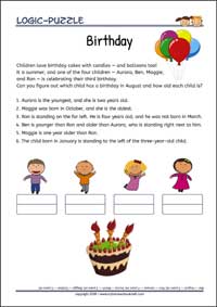 Birthday - Logic Puzzles for Kids (Medium Worksheet PDF) Birthday - Free Printable Logic Puzzles Worksheet (medium) for children for training logical thinking