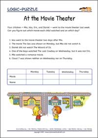 At the Movie Theater - Logic Puzzles for Kids (Medium Worksheet PDF) At the Movie Theater - Free Printable Logic Puzzles Worksheet (medium) for children for training logical thinking