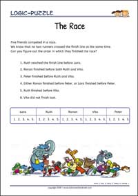 The Race - Logic Puzzles for Kids (Medium Worksheet PDF) The Race - Free Printable Logic Puzzles Worksheet (medium) for children for training logical thinking