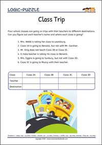 Class Trip - Logic Puzzles for Kids (Medium Worksheet PDF) Class Trip - Free Printable Logic Puzzles Worksheet (medium) for children for training logical thinking