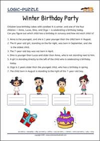 Winter Birthday Party - Logic Puzzles for Kids (Medium Worksheet PDF) Winter Birthday Party - Free Printable Logic Puzzles Worksheet (medium) for children