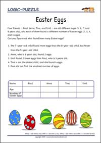 Easter Eggs - Logic Puzzles for Kids (Medium Worksheet PDF) Easter Eggs - Free Printable Logic Puzzles Worksheet (medium) for children