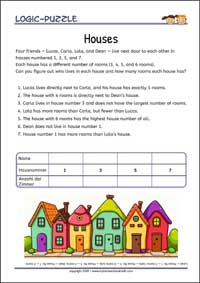 Houses - Logic Puzzles for Kids (Medium Worksheet PDF) Houses - Free Printable Logic Puzzles Worksheet (medium) for children