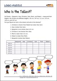 Who Is the Tallest? - Logic Puzzles for Kids (Medium Worksheet PDF) Who Is the Tallest? - Free Printable Logic Puzzles Worksheet (medium) for children