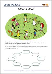 Who is Who? - Logic Puzzles for Kids (Medium Worksheet PDF) Who is Who? - Free Printable Logic Puzzles Worksheet for children for training logical thinking