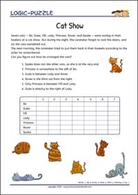 Cat Show - Logic Puzzles for Kids (Medium Worksheet PDF) Cat Show - Free Printable Logic Puzzles Worksheet (medium) for children