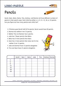 Pencils - Logic Puzzles for Kids (Medium Worksheet PDF) Pencils - Free Printable Logic Puzzles Worksheet (medium) for children for training logical thinking