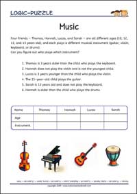 Music - Logic Puzzles for Kids (Medium Worksheet PDF) Music - Free Printable Logic Puzzles Worksheet (medium) for children