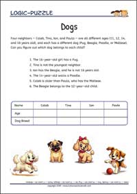 Dogs - Logic Puzzles for Kids (Medium Worksheet PDF) Dogs - Free Printable Logic Puzzles Worksheet (medium) for children
