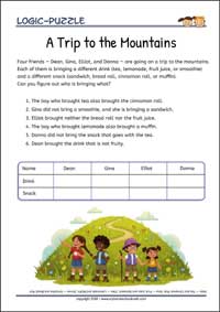 A Trip to the Mountains - Logic Puzzles for Kids (Medium Worksheet PDF) A Trip to the Mountains - Free Printable Logic Puzzles Worksheet (medium) for children
