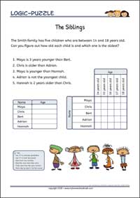 The Siblings - Logic Puzzles for Kids (Medium Worksheet PDF) The Siblings - Free Printable Medium Logic Puzzles Worksheet for children
