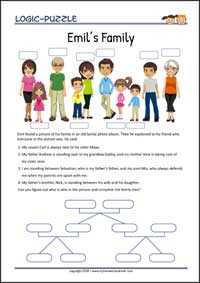 Emil's Family - Logic Puzzles for Kids (Medium Worksheet PDF) Emil's Family - Free Printable Logic Puzzles Worksheet for children for training logical thinking