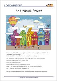 An Unusual Street - Logic Puzzles for Kids (Medium Worksheet PDF) An Unusual Street - Free Printable Logic Puzzles Worksheet for children for training logical thinking
