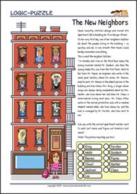 The new Neighbors - Logic Puzzles for Kids (Medium Worksheet PDF) The new Neighbors - Free Printable Logic Puzzles Worksheet for children for training logical thinking