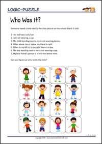 Who was it? - Logic Puzzles for Kids (Medium Worksheet PDF) Who was it? - Free Printable Logic Puzzles Worksheet for children for training logical thinking