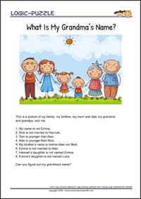 What Is My Grandma’s Name? - Logic Puzzles for Kids (Medium Worksheet PDF) What Is My Grandma’s Name? - Free Printable Logic Puzzles Worksheet for children
