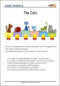 The Cats - Logic Puzzles for Kids (Medium Worksheet PDF) The Cats - Free Printable Logic Puzzles Worksheet (medium) for children for training logical thinking