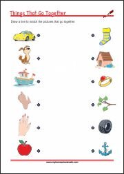 Things That Go Together - worksheets for cognitive development - matching related objects to strengthen children logical thinking skills.
