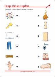 Things That Go Together - worksheets for cognitive development - matching related objects to strengthen children logical thinking skills.