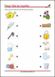 Things That Go Together - worksheets for cognitive development - matching related objects to strengthen children logical thinking skills.