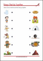 Things That Go Together - worksheets for cognitive development - matching related objects to strengthen children logical thinking skills.
