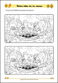 Free Printable Autumn-themed Find the Differences Worksheet for Children (PDF)